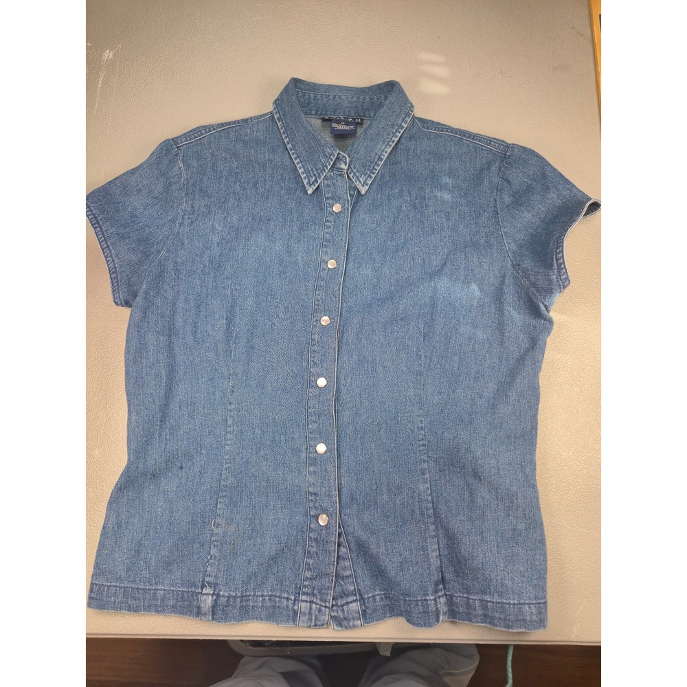 Ralph Lauren Vintage Denim Shirt Womens 12 Blue Short Sleeve Snap Front Western‎